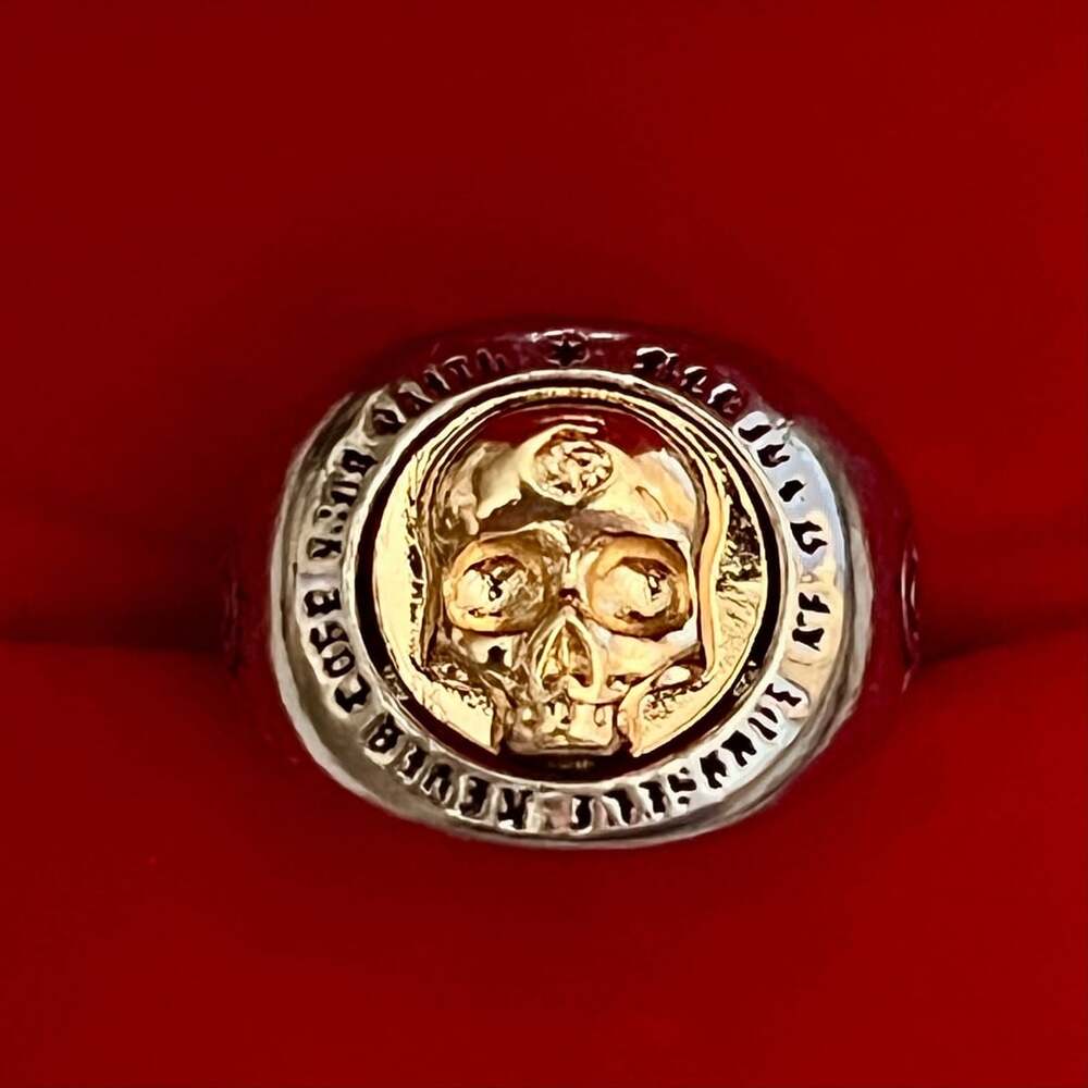 Gothic Titanium Steel Silver Skull Signet Ring with Gold Tone Center Size 9